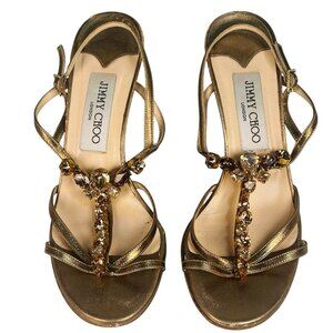 Jimmy Choo Crystal Embellished Gold Brown Heels Sandals Dress Shoes Size 37 US 7